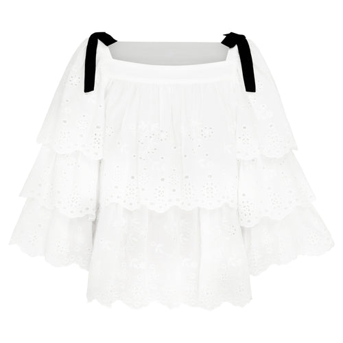 Broderie anglaise cold-shoulder ruffled top