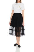 Cotton-blend lace-trim midi skirt black
